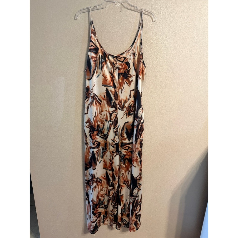 Shein Curve 1XL Abstract Marble Print Wide Leg Spaghetti Strap Jumpsuit Brown